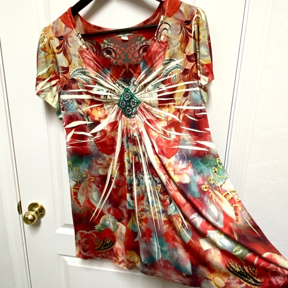 Boho Artsy Embellished Empire Waist Tunic Top Plus Size 3X live and let live - Picture 1 of 9